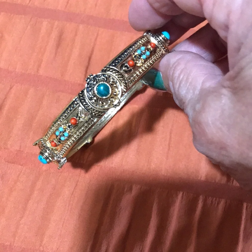 Gold-Tone Turquoise & Coral Accent Bangle Bracelet
